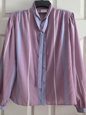 Prologue Lavender & Light Blue Striped Tie-Neck Blouse